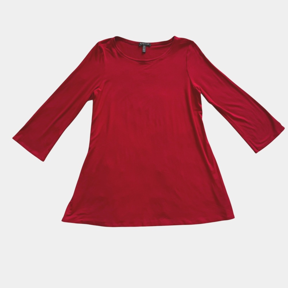 Eileen Fisher Petite Large Red Viscose Jersey 3/4 Sleeve Tunic Top PL lagenlook